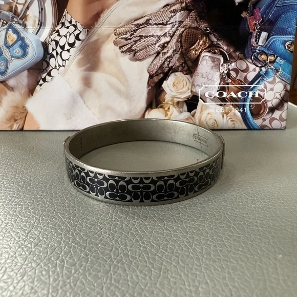 Coach Signature Black Silver Tone Bangle Bracelet - Picture 3 of 8